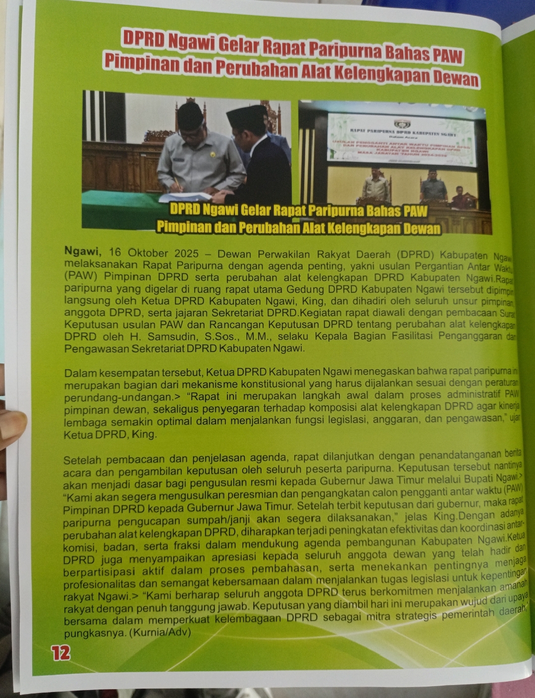 DPRD Ngawi Gelar Rapat Paripurna Bahas PAW Pimpinan dan Penyerahan Alat Kelengkapan Dewan